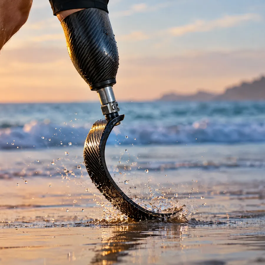 A carbon fiber running blade striking wet sand at sunrise