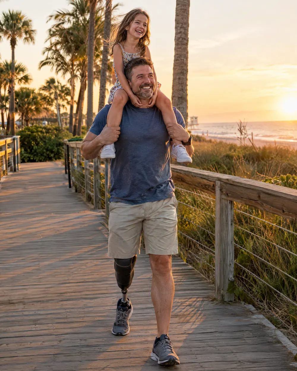 A father with a below knee prosthesis walking a beach boardwalk at sunset, his daughter laughing on his shoulders