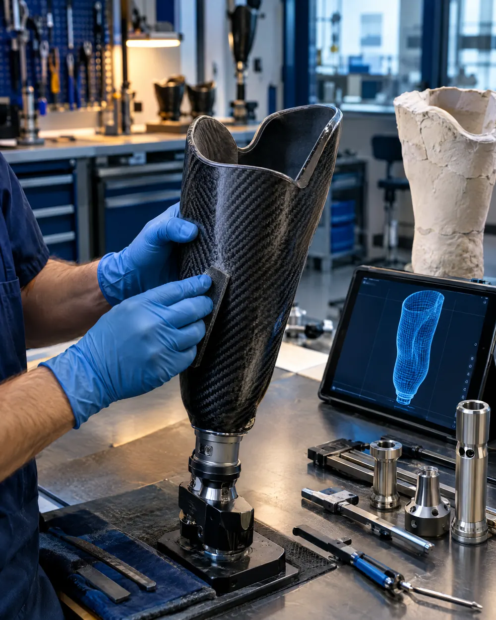 A prosthetist finishing a carbon fiber socket on a lab bench beside a 3D scan of a residual limb